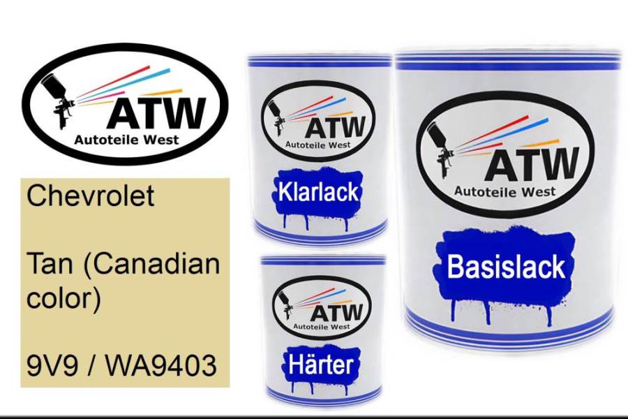 Chevrolet, Tan (Canadian color), 9V9 / WA9403: 1L Lackdose + 1L Klarlack + 500ml Härter - Set, von ATW Autoteile West.